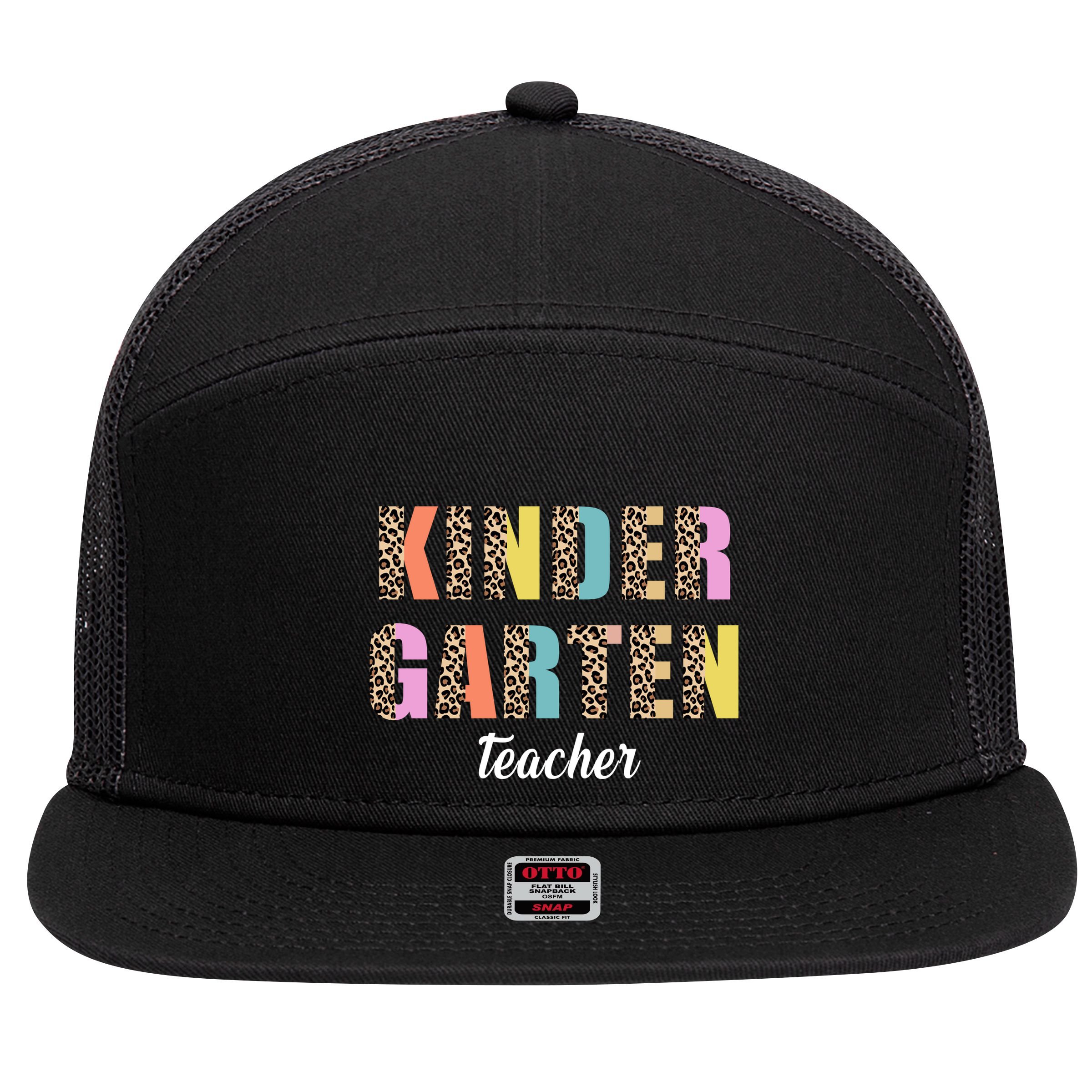 Kinder Garten Teacher Leopard Logo 7 Panel Mesh Trucker Snapback Hat