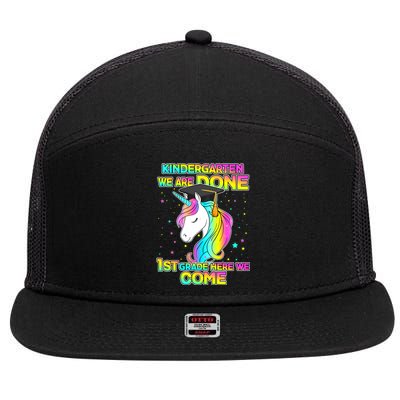 Kindergarten We Are Done 1st Grade Here We Come 7 Panel Mesh Trucker Snapback Hat