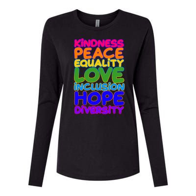 Kindness Peace Equality Love Inclusion Hope Diversity Rainbow Womens Cotton Relaxed Long Sleeve T-Shirt