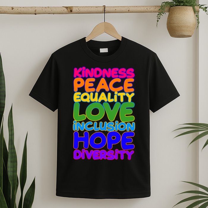 Kindness Peace Equality Love Inclusion Hope Diversity Rainbow T-Shirt