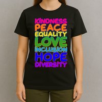 Kindness Peace Equality Love Inclusion Hope Diversity Rainbow T-Shirt