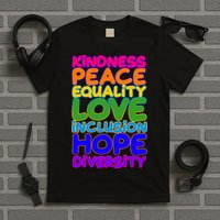 Kindness Peace Equality Love Inclusion Hope Diversity Rainbow T-Shirt