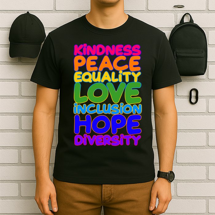 Kindness Peace Equality Love Inclusion Hope Diversity Rainbow T-Shirt