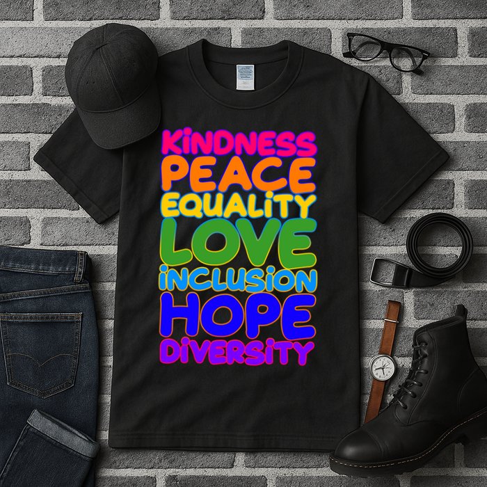 Kindness Peace Equality Love Inclusion Hope Diversity Rainbow Tall T-Shirt