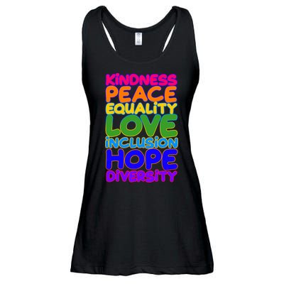 Kindness Peace Equality Love Inclusion Hope Diversity Rainbow Ladies Essential Flowy Tank