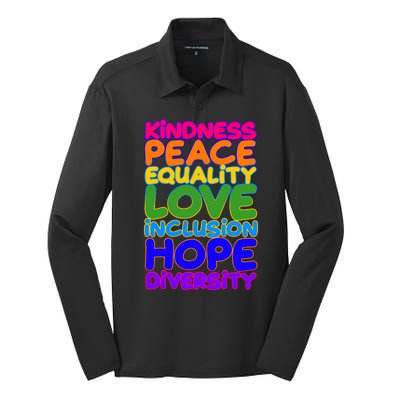 Kindness Peace Equality Love Inclusion Hope Diversity Rainbow Silk Touch Performance Long Sleeve Polo