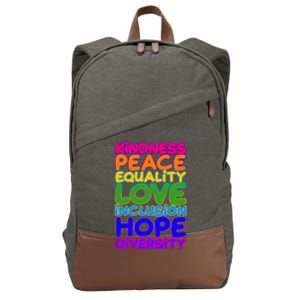 Kindness Peace Equality Love Inclusion Hope Diversity Rainbow Cotton Canvas Backpack