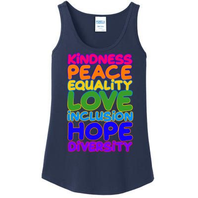 Kindness Peace Equality Love Inclusion Hope Diversity Rainbow Ladies Essential Tank