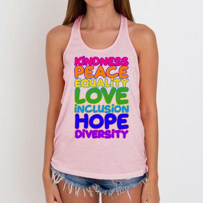 Kindness Peace Equality Love Inclusion Hope Diversity Rainbow Women's Knotted Racerback Tank