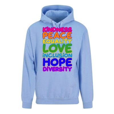 Kindness Peace Equality Love Inclusion Hope Diversity Rainbow Unisex Surf Hoodie