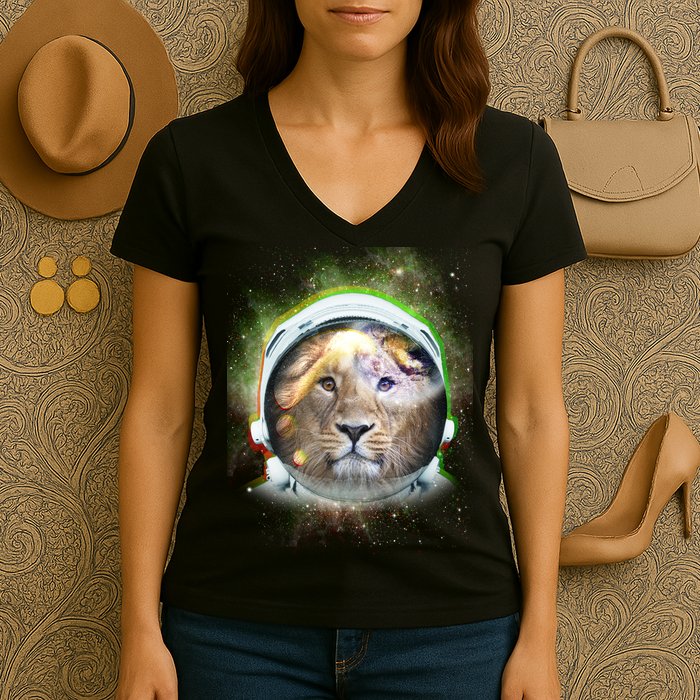 King Of The Universe Lion Space Astronaut Helmet Women's V-Neck T-Shirt