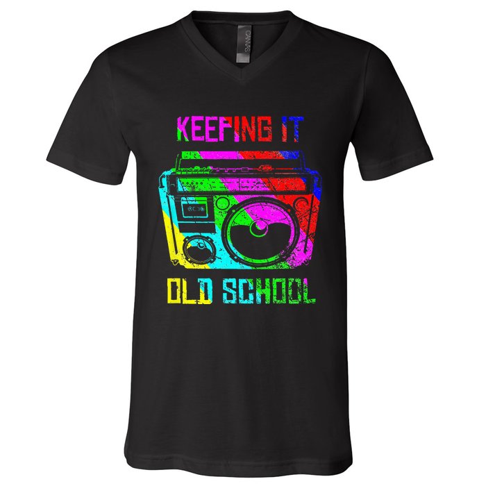 Keeping It Old School 80s 90s Portable Stereo Retro Music V-Neck T-Shirt