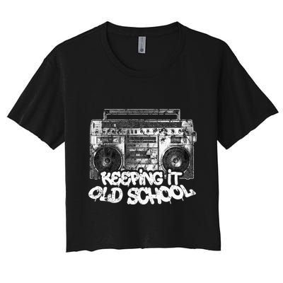 Keeping It Old School  Vintage Boombox Graffiti Crop Top