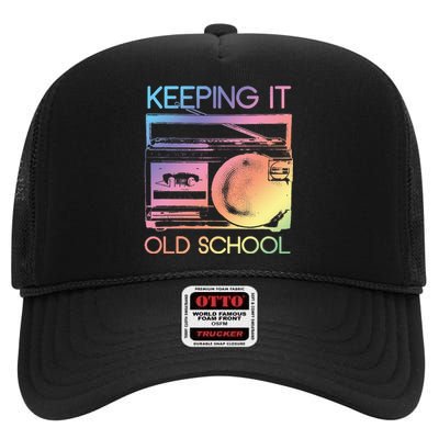 Keeping It Old School Retro 80s 90s Boombox Music High Crown Mesh Back Trucker Hat