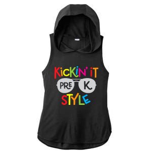 Kickin it Pre-K Style Back to School Teacher Ladies PosiCharge Tri-Blend Wicking Draft Hoodie Tank