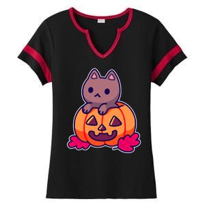 Kitten In pumpkin Cute Halloween Ladies Halftime Notch Neck Tee