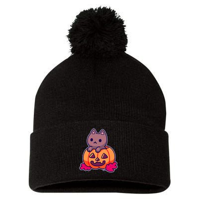 Kitten In pumpkin Cute Halloween Pom Pom 12in Knit Beanie