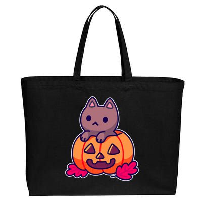 Kitten In pumpkin Cute Halloween Cotton Canvas Jumbo Tote