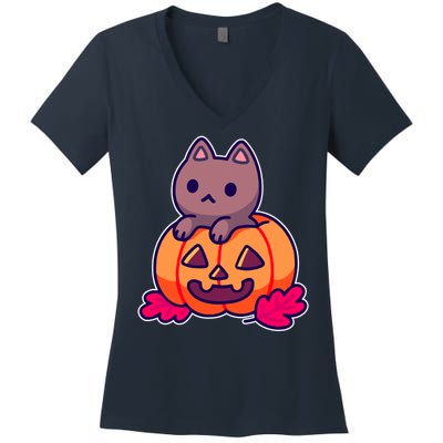 Kitten In pumpkin Cute Halloween Women's V-Neck T-Shirt