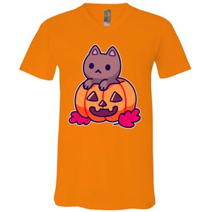 Kitten In pumpkin Cute Halloween V-Neck T-Shirt