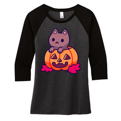 Kitten In pumpkin Cute Halloween Women's Tri-Blend 3/4-Sleeve Raglan Shirt