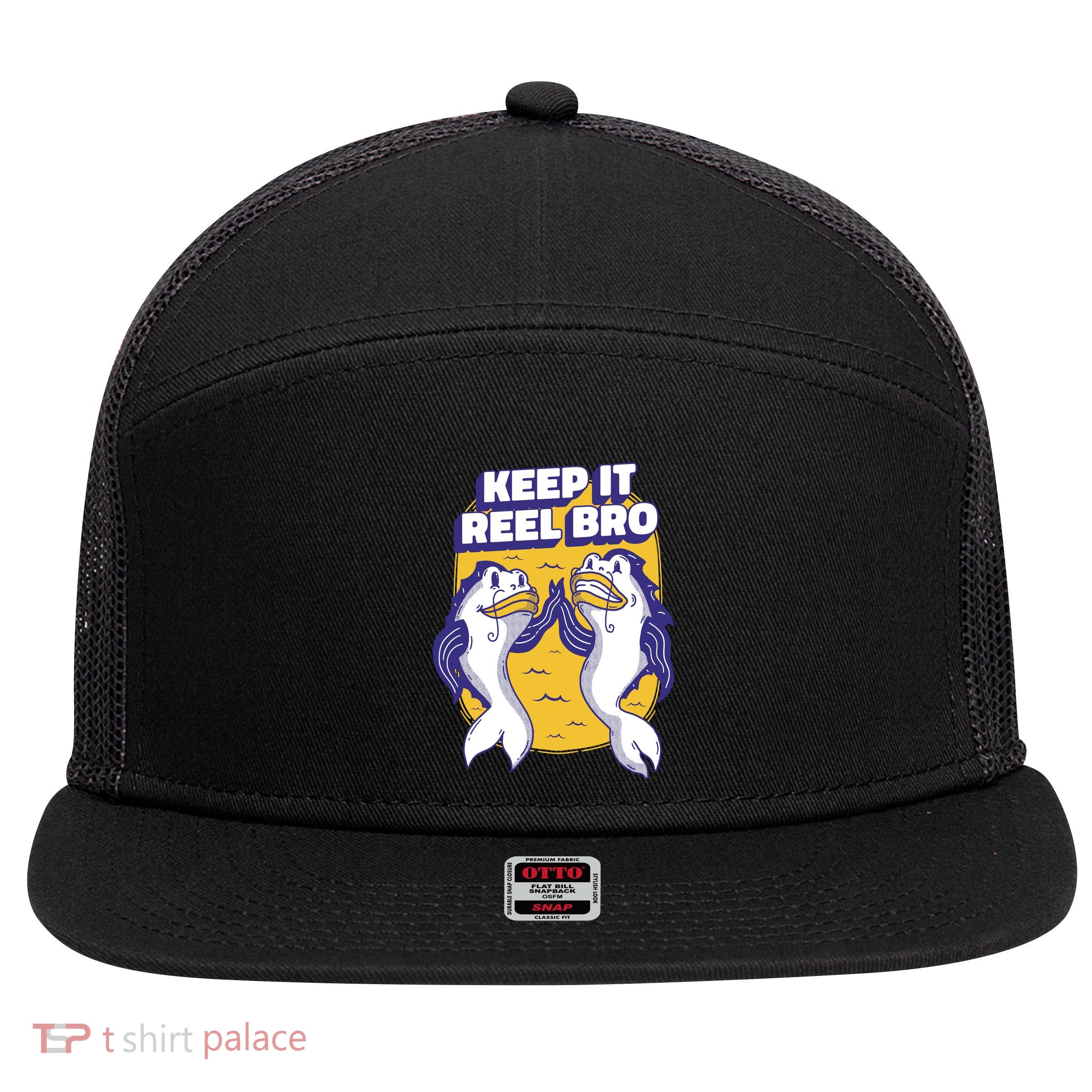 Keep It Reel Bro Funny Fishing 7 Panel Mesh Trucker Snapback Hat