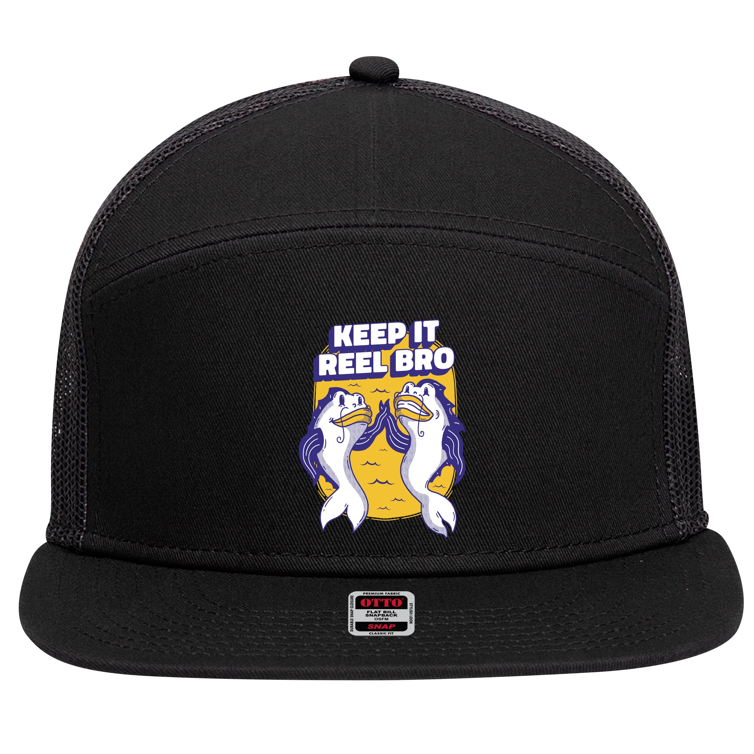 Keep It Reel Bro Funny Fishing 7 Panel Mesh Trucker Snapback Hat
