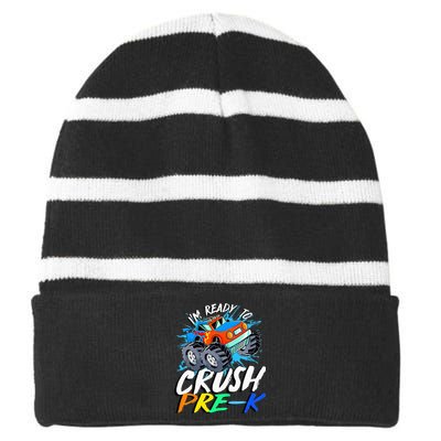 Kids Im Ready To Crush Pre K Monster Truck Prek Back To School Striped Beanie with Solid Band