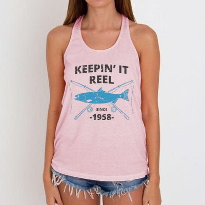 Keepin It Reel Since 1958 61st Birthday Fishing Gift Women's Knotted Racerback Tank