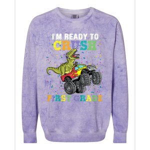 Kids I'm Ready To Crush First Grade Monster Truck Dinosaur Boys Back To School Colorblast Crewneck Sweatshirt