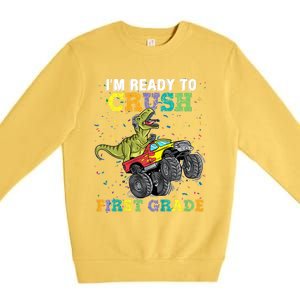 Kids I'm Ready To Crush First Grade Monster Truck Dinosaur Boys Back To School Premium Crewneck Sweatshirt