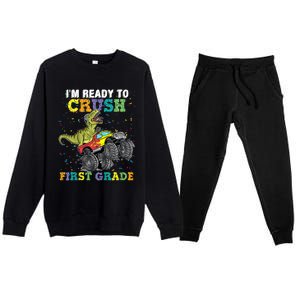 Kids I'm Ready To Crush First Grade Monster Truck Dinosaur Boys Back To School Premium Crewneck Sweatsuit Set