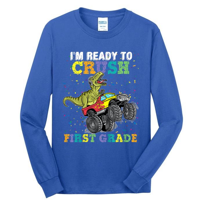 Kids I'm Ready To Crush First Grade Monster Truck Dinosaur Boys Back To School Tall Long Sleeve T-Shirt