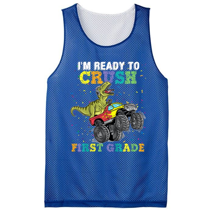 Kids I'm Ready To Crush First Grade Monster Truck Dinosaur Boys Back To School Mesh Reversible Basketball Jersey Tank