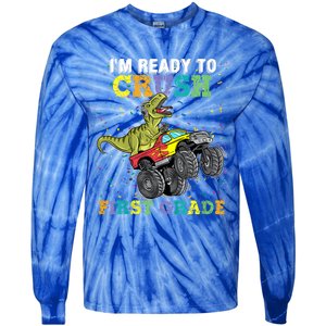 Kids I'm Ready To Crush First Grade Monster Truck Dinosaur Boys Back To School Tie-Dye Long Sleeve Shirt