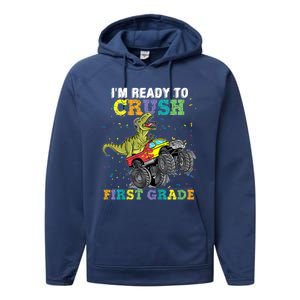 Kids I'm Ready To Crush First Grade Monster Truck Dinosaur Boys Back To School Performance Fleece Hoodie