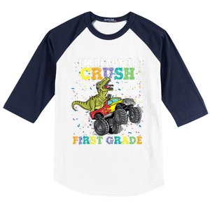 Kids I'm Ready To Crush First Grade Monster Truck Dinosaur Boys Back To School Baseball Sleeve Shirt