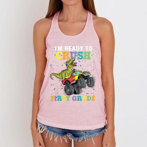 Kids I'm Ready To Crush First Grade Monster Truck Dinosaur Boys Back To School Women's Knotted Racerback Tank