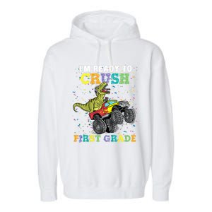 Kids I'm Ready To Crush First Grade Monster Truck Dinosaur Boys Back To School Garment-Dyed Fleece Hoodie