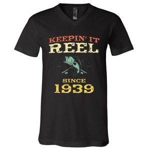 Keepin It Reel Since 1939 80 Years Old 80th Birthday Fishing V-Neck T-Shirt