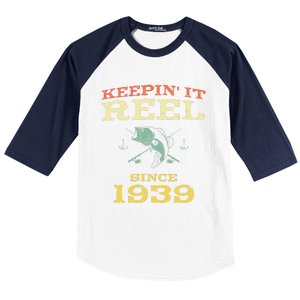 Keepin It Reel Since 1939 80 Years Old 80th Birthday Fishing Baseball Sleeve Shirt