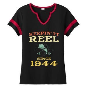 Keepin It Reel Since 1944 75 Years Old 75th Birthday Fishing Ladies Halftime Notch Neck Tee