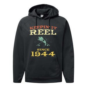 Keepin It Reel Since 1944 75 Years Old 75th Birthday Fishing Performance Fleece Hoodie