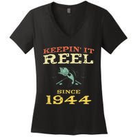 Keepin It Reel Since 1944 75 Years Old 75th Birthday Fishing Women's V-Neck T-Shirt