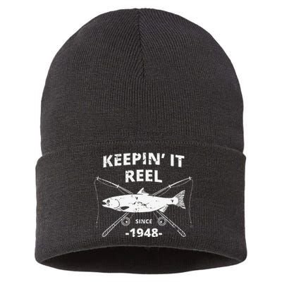 Keepin It Reel Since 1948 71st Birthday Fishing Gift Sustainable Knit Beanie