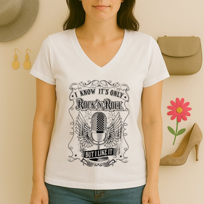 Know ItS Rock And Roll But I Like It Retro Microphone Women's V-Neck T-Shirt
