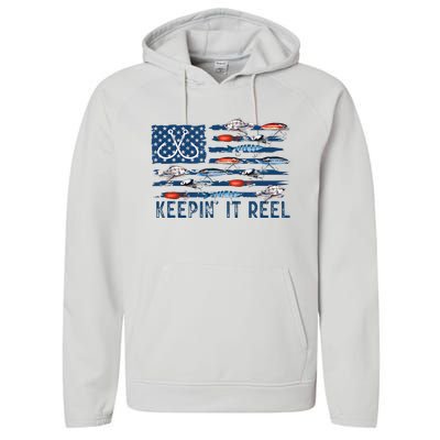 Keepin It Reel Fishing Lure Flag Fisherman Bass Fishing Performance Fleece Hoodie