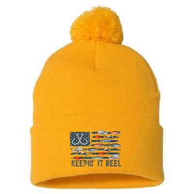 Keepin It Reel Fishing Lure Flag Fisherman Bass Fishing Pom Pom 12in Knit Beanie