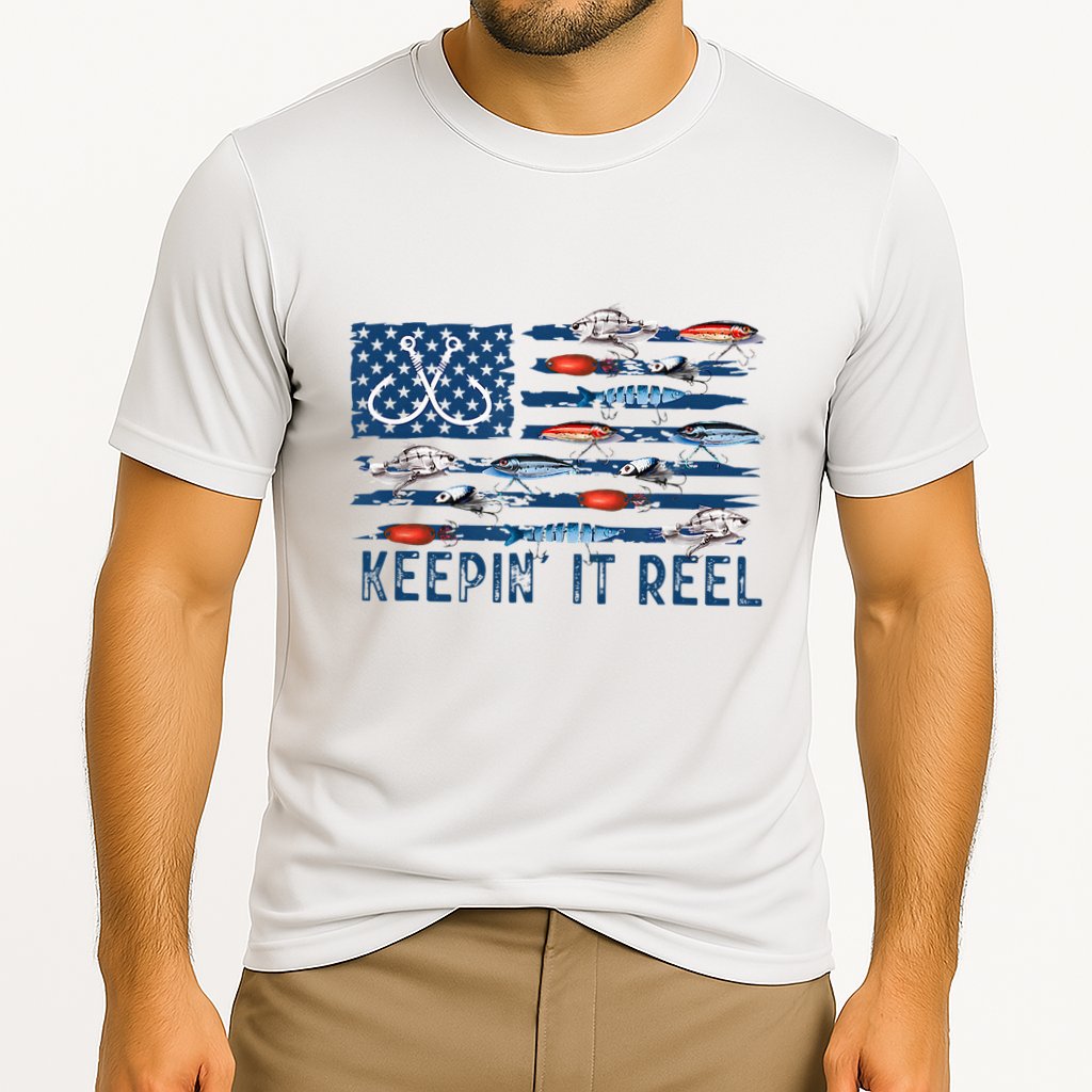 Keepin It Reel Fishing Lure Flag Fisherman Bass Fishing Cooling Performance Crew T-Shirt