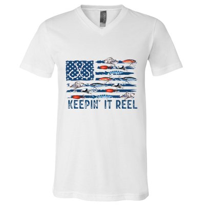 Keepin It Reel Fishing Lure Flag Fisherman Bass Fishing V-Neck T-Shirt